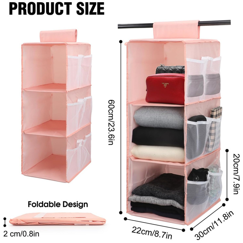 High Quality 3-Shelf Hanging Closet Organizers and Storage Space Saver Pink Closet Hanging Storage Shelves with Mesh Pockets