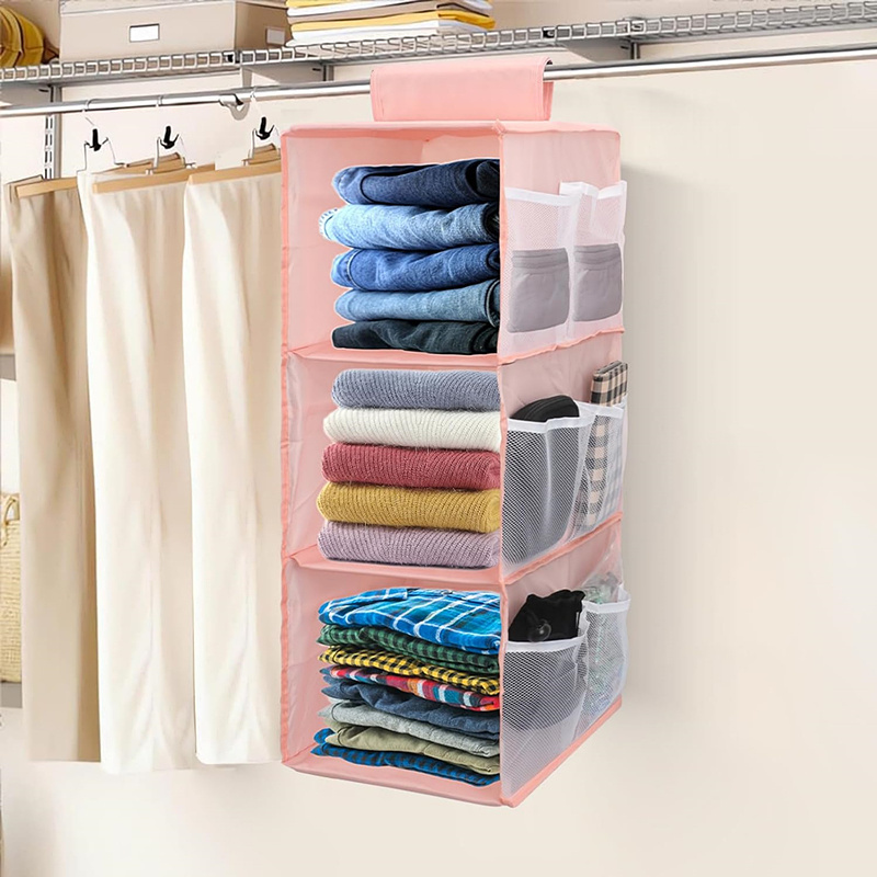 High Quality 3-Shelf Hanging Closet Organizers and Storage Space Saver Pink Closet Hanging Storage Shelves with Mesh Pockets