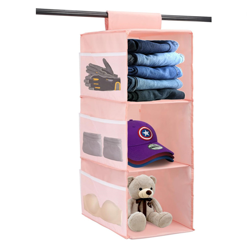 High Quality 3-Shelf Hanging Closet Organizers and Storage Space Saver Pink Closet Hanging Storage Shelves with Mesh Pockets