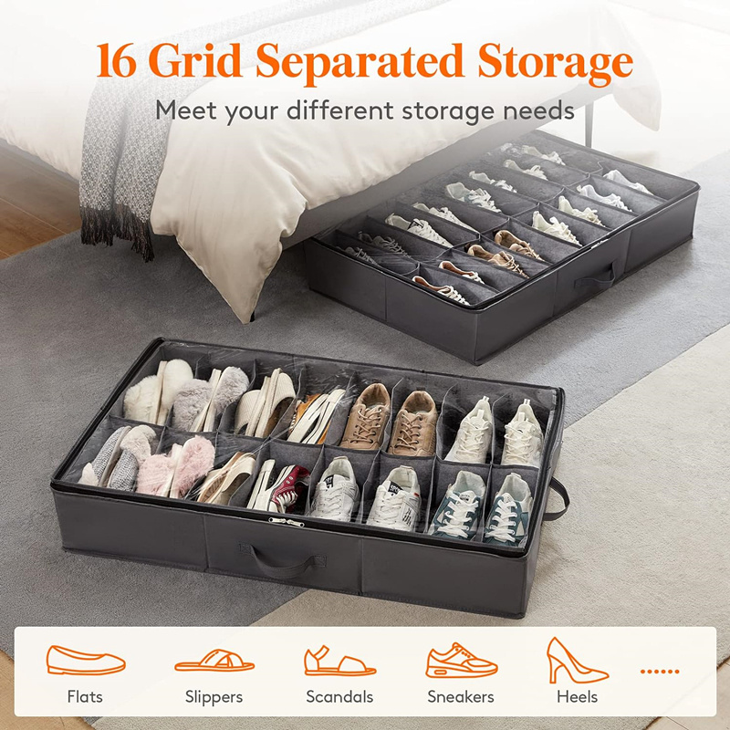 Under bed shoe storage bag Foldable shoe rack storage box with reinforced handle and transparent lid for women's and men's shoes