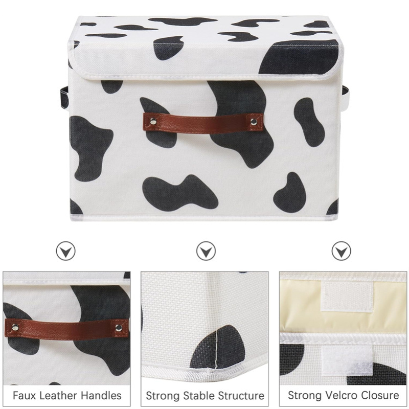 Foldable Washable Lidded Cotton Linen Closet Shelf Organizer Container Storage Bin with Lid Cow Print