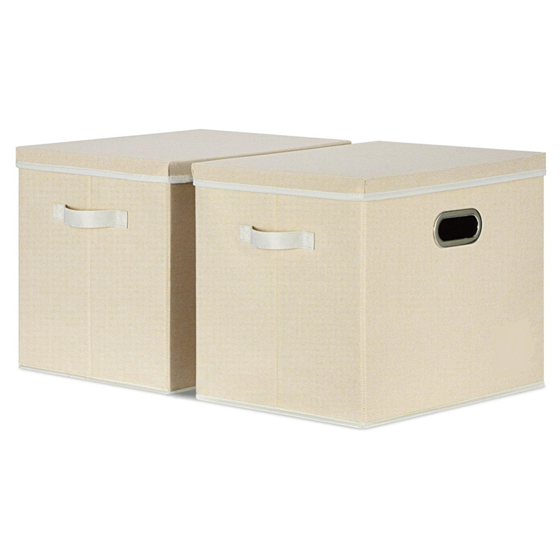 Collapsible linen fabric storage box with lid, storage basket with lid with handle and label for living room closet office