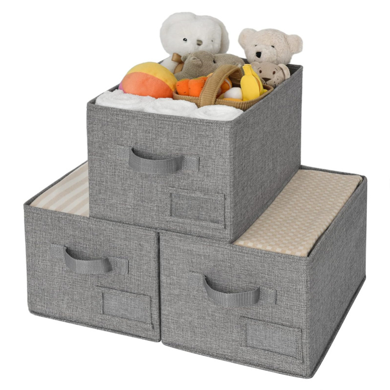 Custom grey cotton and linen decorated storage containers Storage with labels living room foldable storage bins