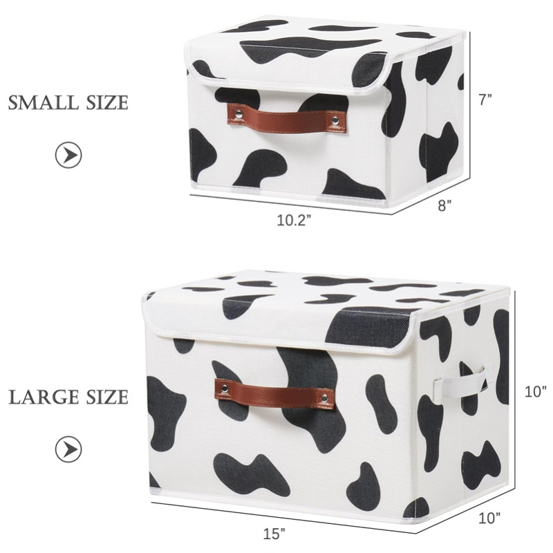 Foldable Washable Lidded Cotton Linen Closet Shelf Organizer Container Storage Bin with Lid Cow Print