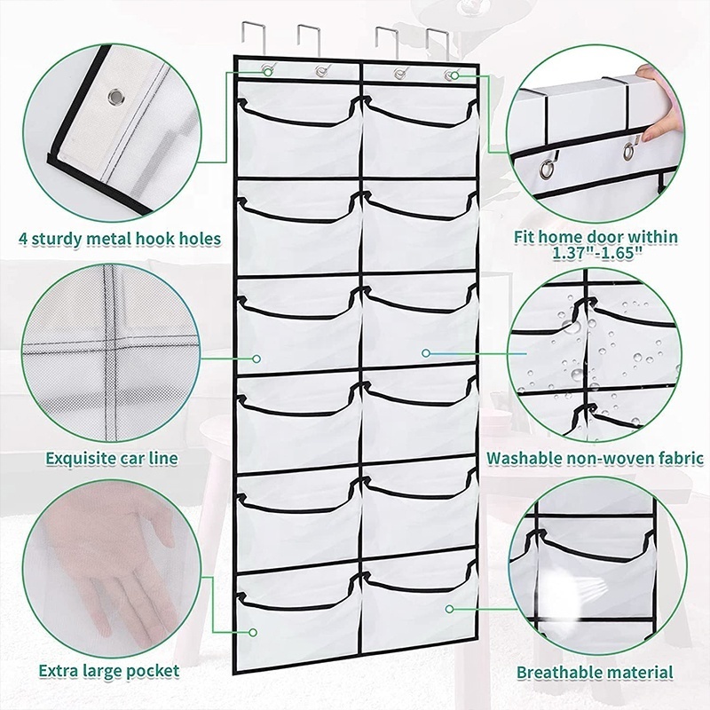 Non-woven Hanging Storage Organizer Over the Door with 24 Mesh Pockets 8 Hooks Shoe Racks for Kitchen Bedroom Bathroom Closet