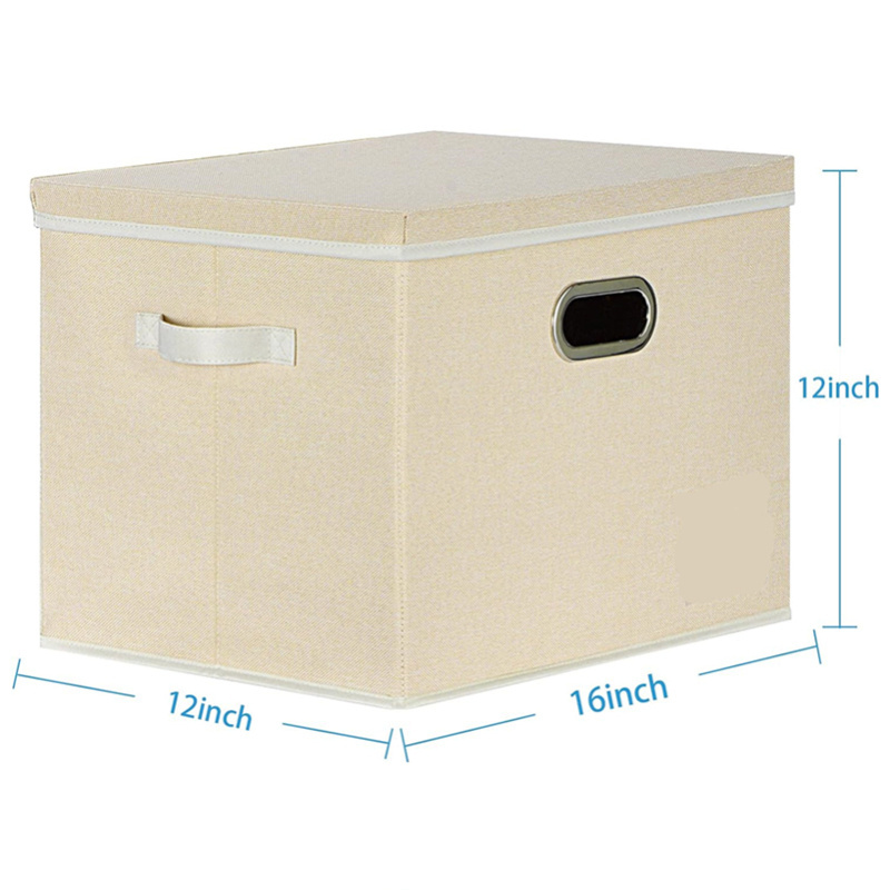 Collapsible linen fabric storage box with lid, storage basket with lid with handle and label for living room closet office