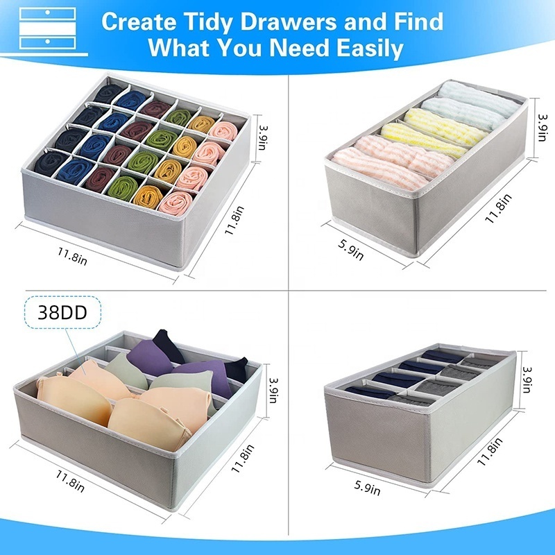 4 Pack Sock Underwear Drawer Organizer Dividers, Foldable Fabric Dresser Closet Organizers and Storage Bins