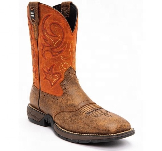 2023 Western Denim Boots New Autumn Vintage Embroidery Mid Sleeve Thick Heel Genuine Leather Knight Boots for men