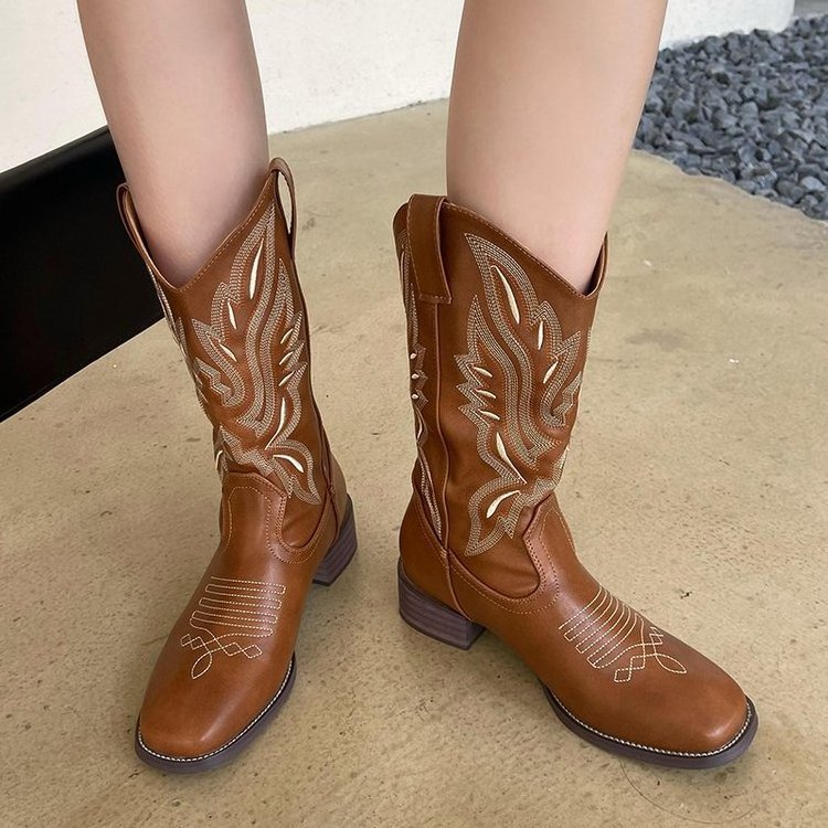 2023 New High Heel Knight Mid Sleeve Martin Chelsea Long Sleeve Boots Genuine Leather Western Cowboy Boots for Women