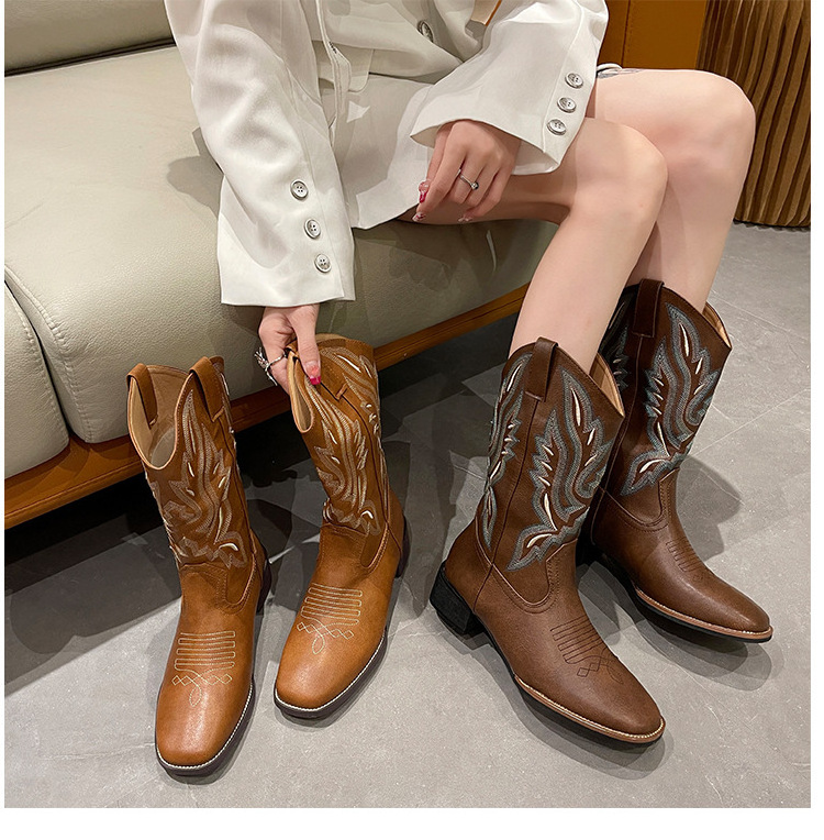 2023 New High Heel Knight Mid Sleeve Martin Chelsea Long Sleeve Boots Genuine Leather Western Cowboy Boots for Women