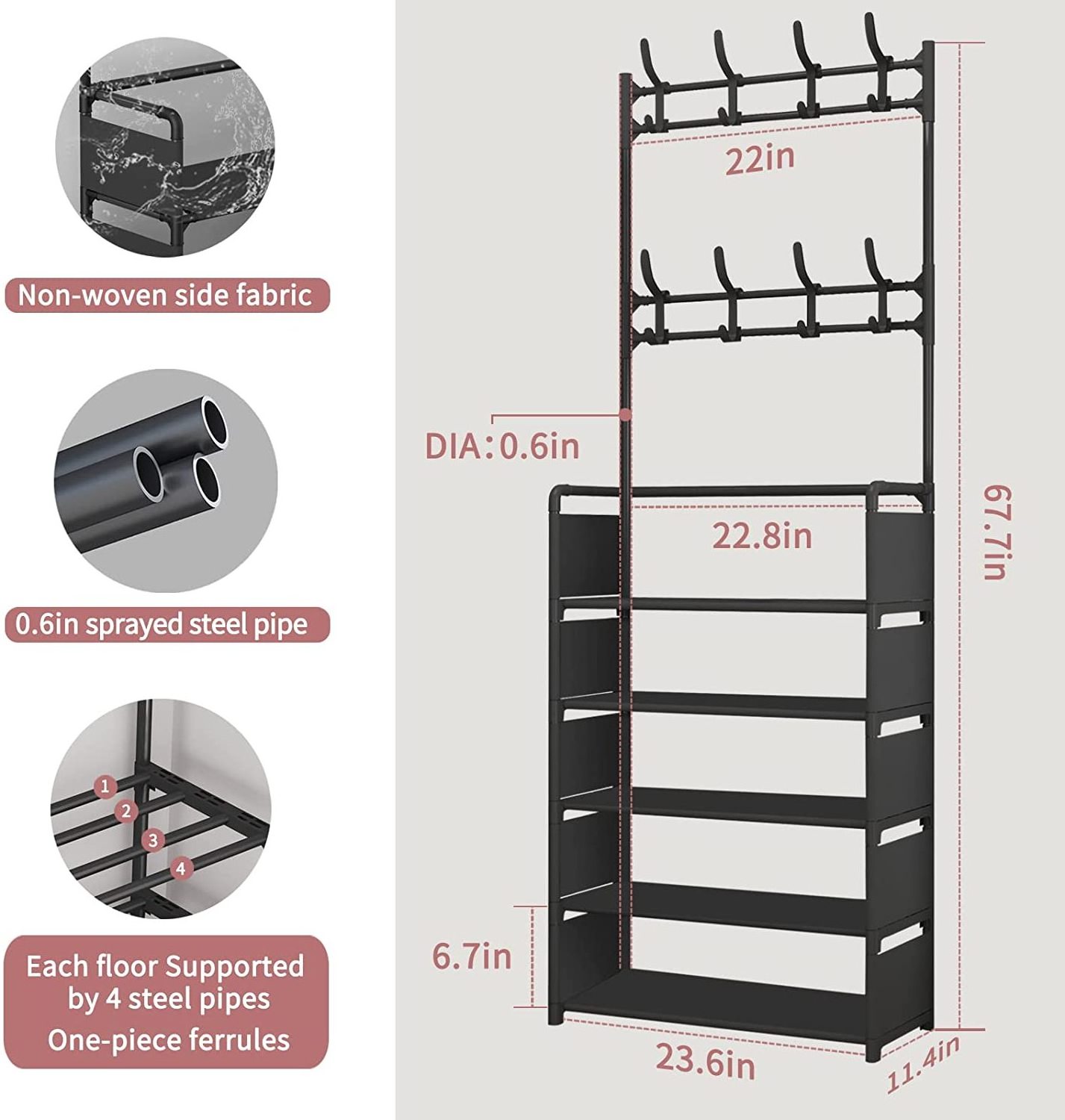 3-in-1 Metal Frame Entryway Organizer 5 Tier Shoe Storage Shelves with Coat Hat Rack for Entryway Coat & Shoe Rack