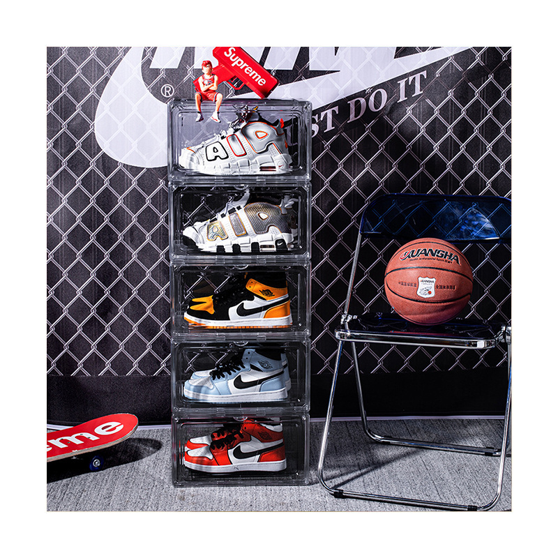 Acrylic Fold Magnetic Side Open Custom Organizer Case Giant Transparent Plastic Clear Sneaker Plastic Display Shoe Storage Box