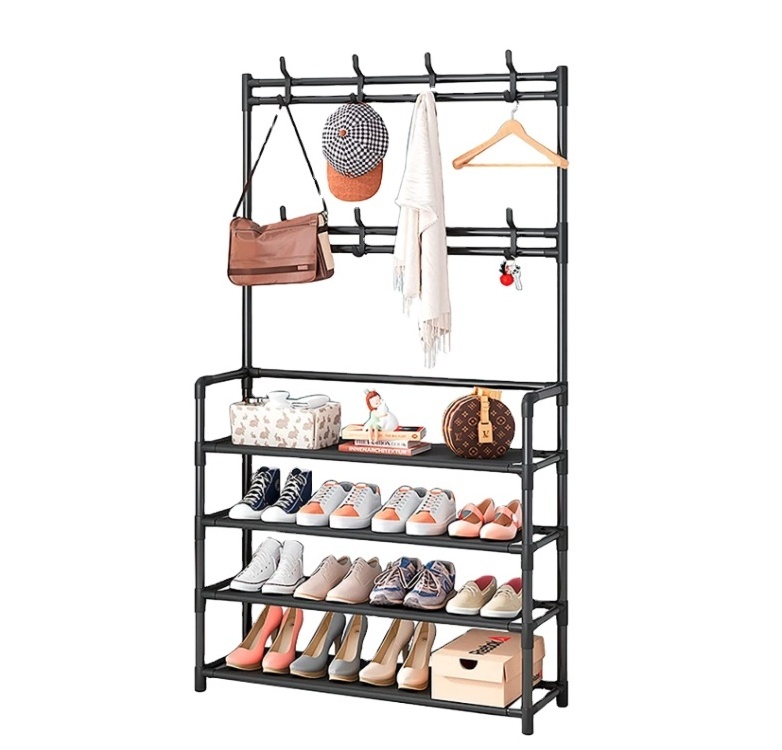 3-in-1 Metal Frame Entryway Organizer 5 Tier Shoe Storage Shelves with Coat Hat Rack for Entryway Coat & Shoe Rack