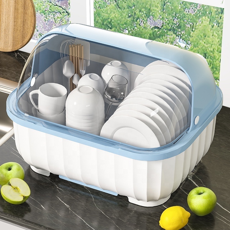 Kitchen Plastic Dish Drainer Rack with Drip Tray Dust-proof Tableware Holder Cup Bowl Storage Rack Plate Drying Rack with Cover