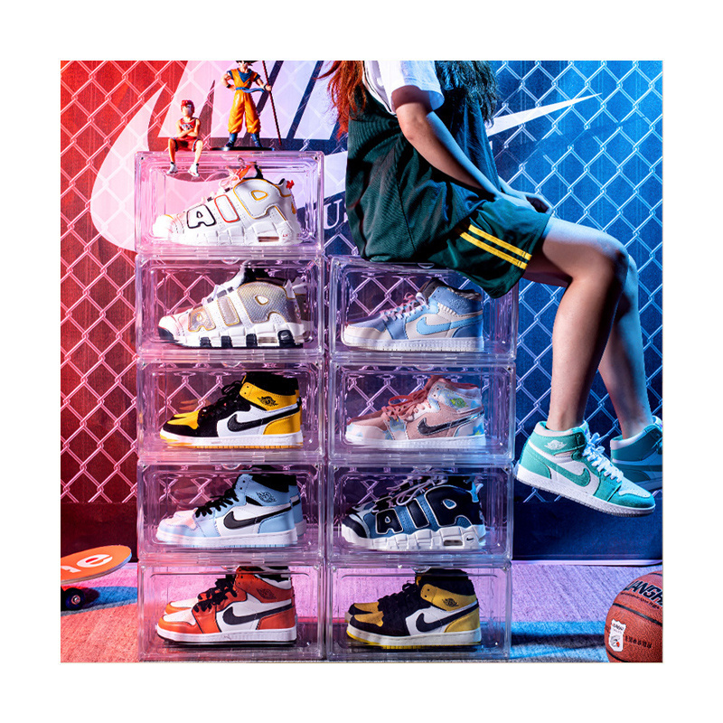 Acrylic Fold Magnetic Side Open Custom Organizer Case Giant Transparent Plastic Clear Sneaker Plastic Display Shoe Storage Box