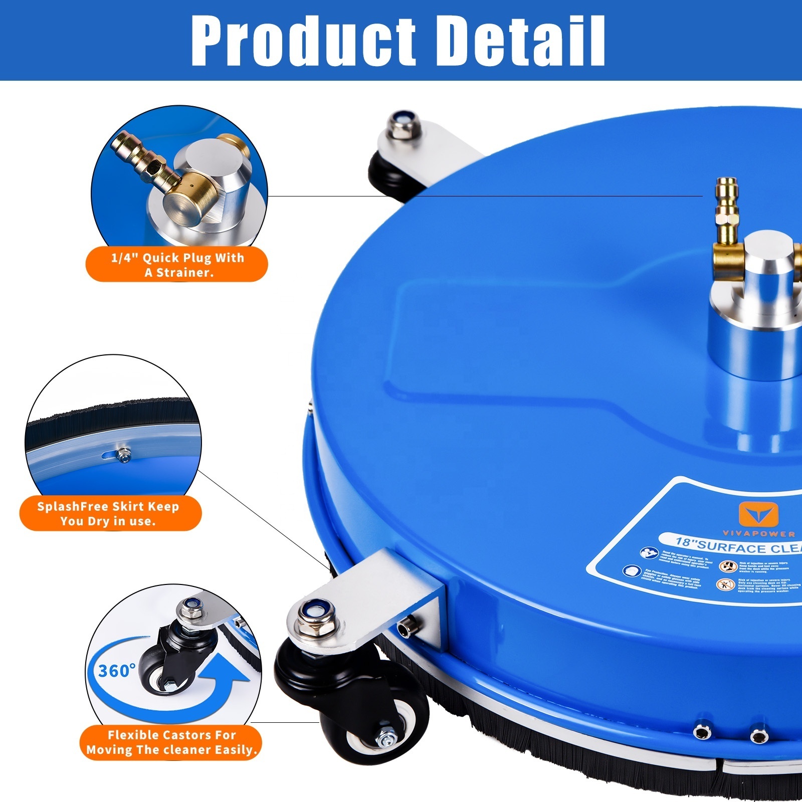 High pressure washer stainless steel surface cleaner 18'' with wheels, heavy duty & efficient cleaning for driveways patios etc