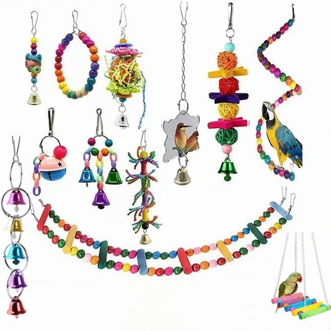 Multi-pieces Parrot Toy Set Bird Toys Swing Colorful Beads Bells Bird Products Hanging Toys