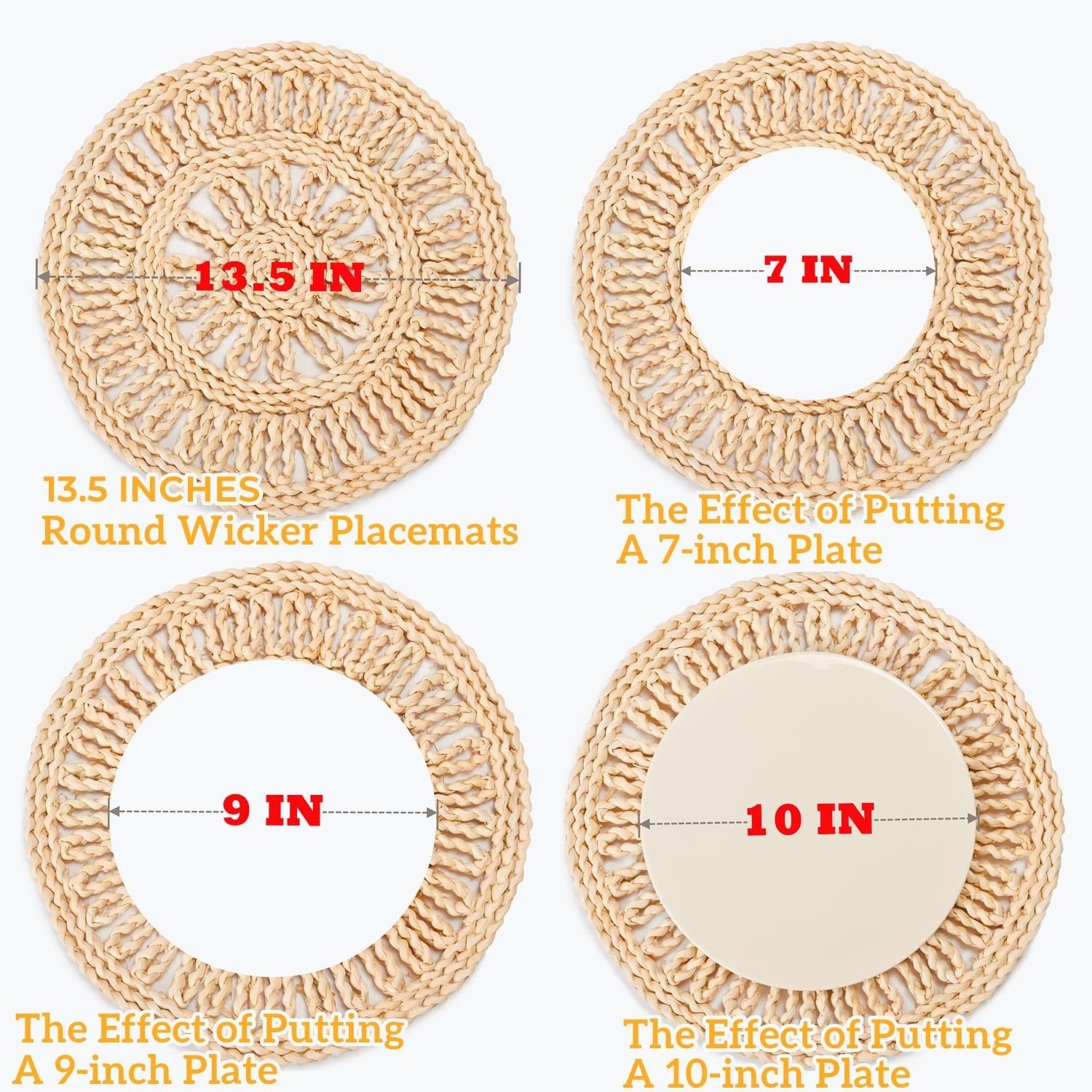 Round Woven Placemats for Dining Table Set Natural Braided Rattan Tablemat Hollow Wicker Charger Plates for Holiday Kitchen