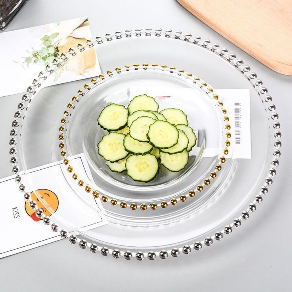 2023 Tabletex European style creative golden beaded clear glass plate for dinner, party, wedding and table decoration.