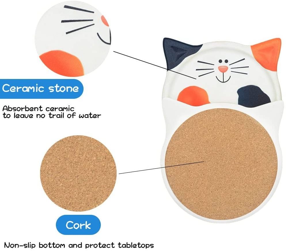 2022 Tabletex Self Absorbing Cartoon Pattern Ceramic Coaster Cute Cat Shaped Drink Coaster Unique Gift Ideas for Cat Lovers