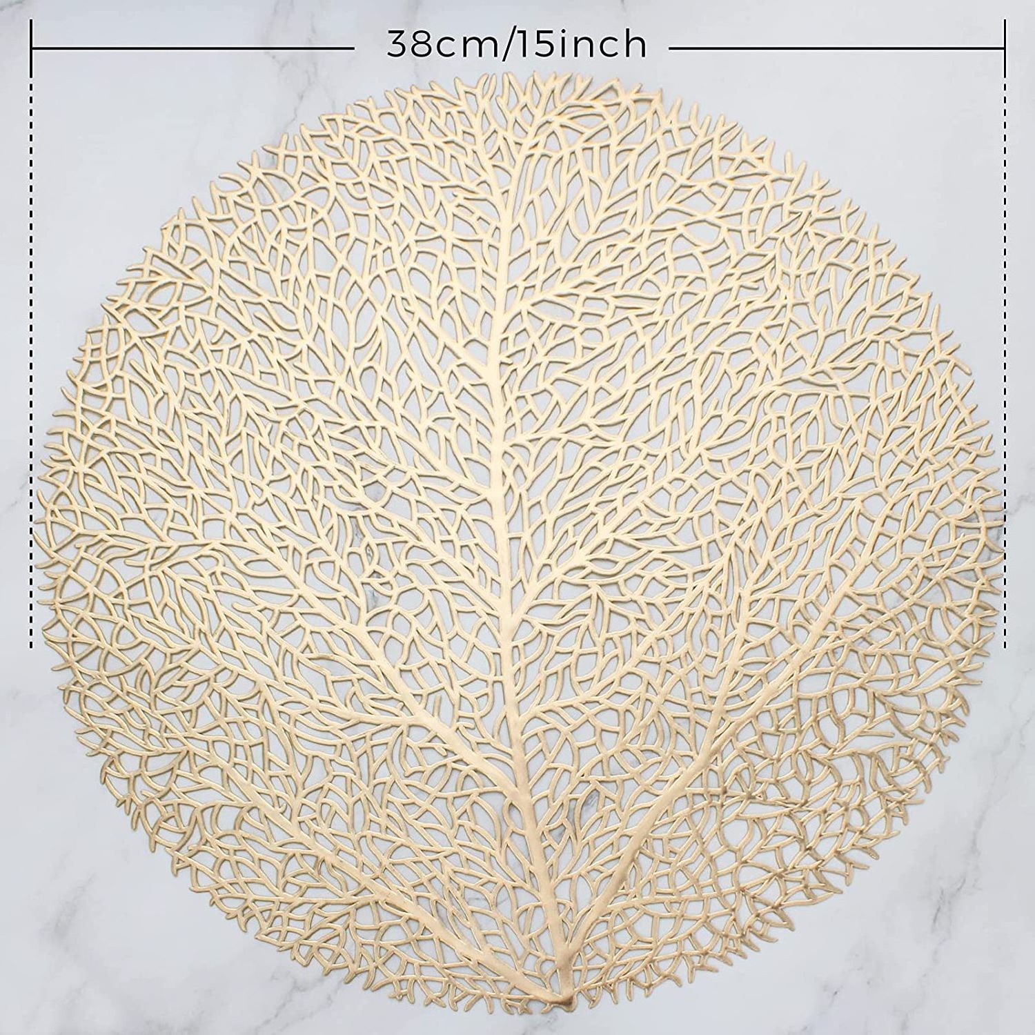 2023 Tabletex hot sale hollow design tree leaf round 38cm PVC placemat gold table mat