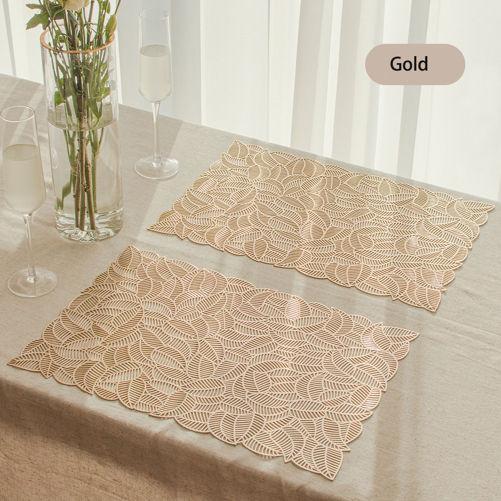 Tabletex European Style PVC Vinyl Pressed Placemats Gold Hollow Leaves Placemats For Hotel Kitchen Dining Table Decor