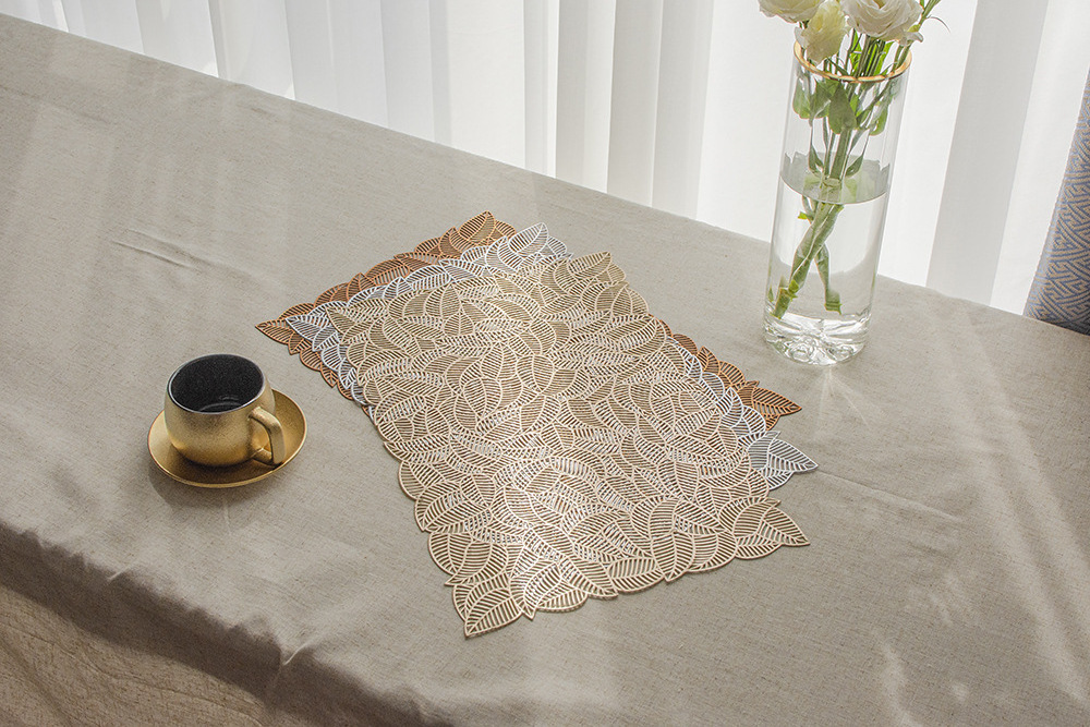 Tabletex European Style PVC Vinyl Pressed Placemats Gold Hollow Leaves Placemats For Hotel Kitchen Dining Table Decor