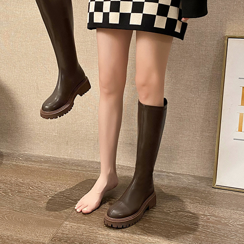 Winter Plus Fleece Slim Brown High Boots Solid Color Leather Rider Knee-High Boots For Women