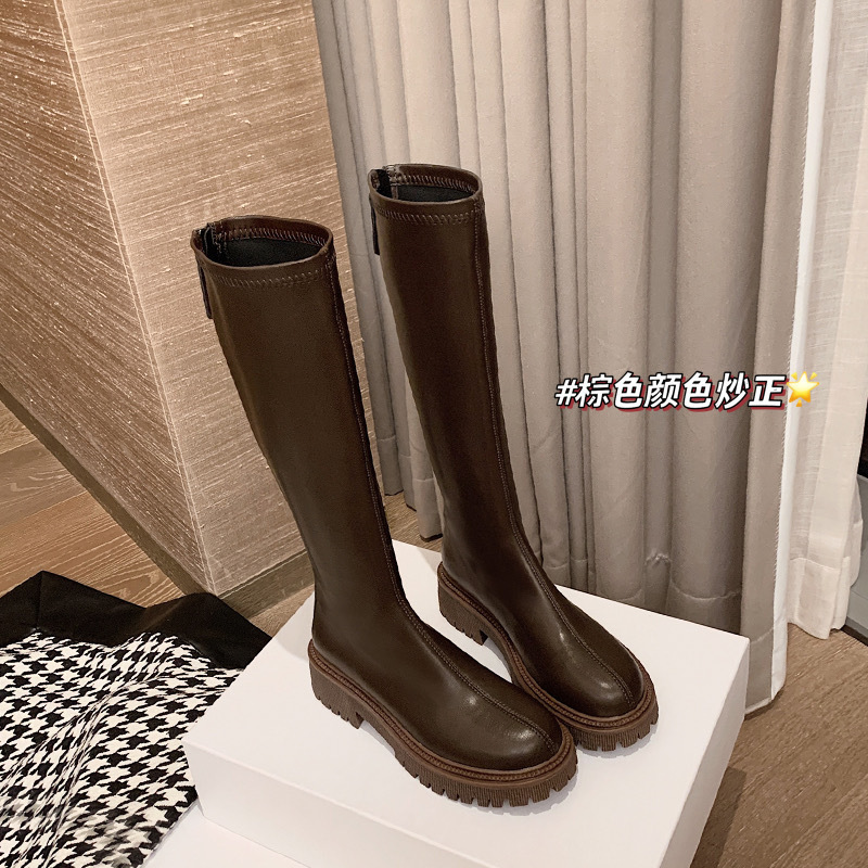 Winter Plus Fleece Slim Brown High Boots Solid Color Leather Rider Knee-High Boots For Women