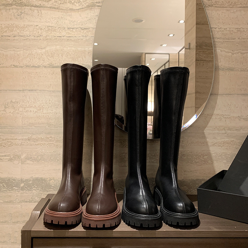 Winter Plus Fleece Slim Brown High Boots Solid Color Leather Rider Knee-High Boots For Women