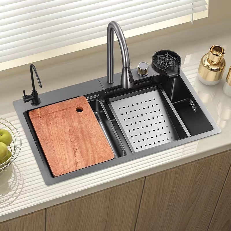 Large Single Slot Multifunction  Under Counter Double Kitchen Sink Stainless Steel Waterfall Kitchen Sink