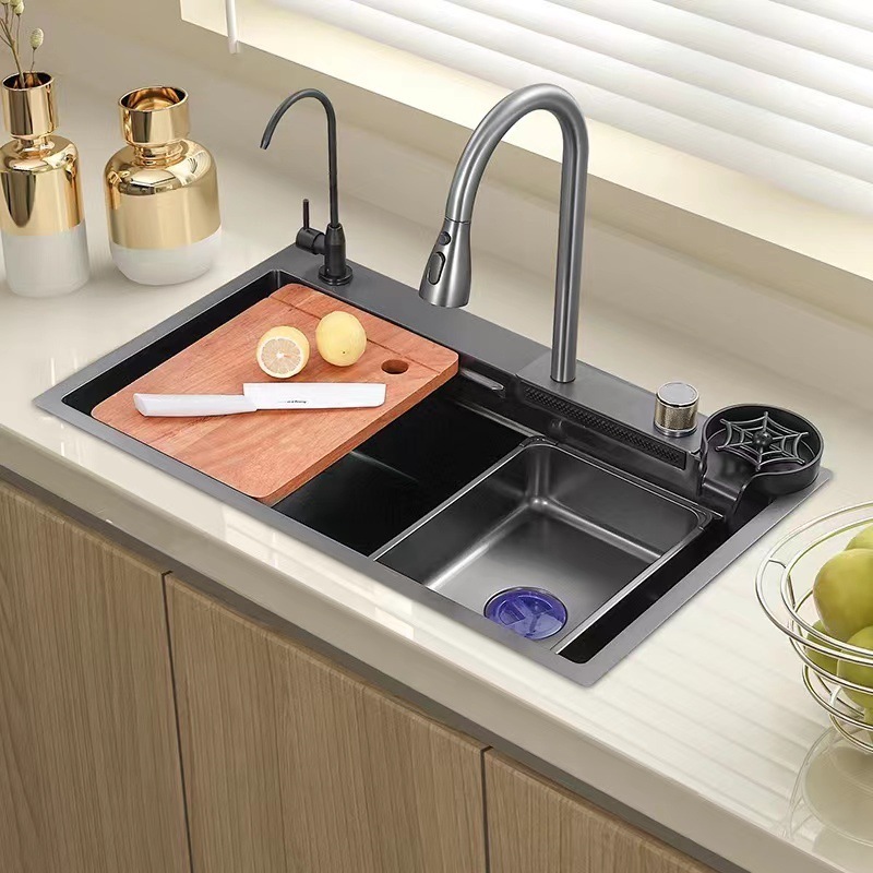 Large Single Slot Multifunction  Under Counter Double Kitchen Sink Stainless Steel Waterfall Kitchen Sink