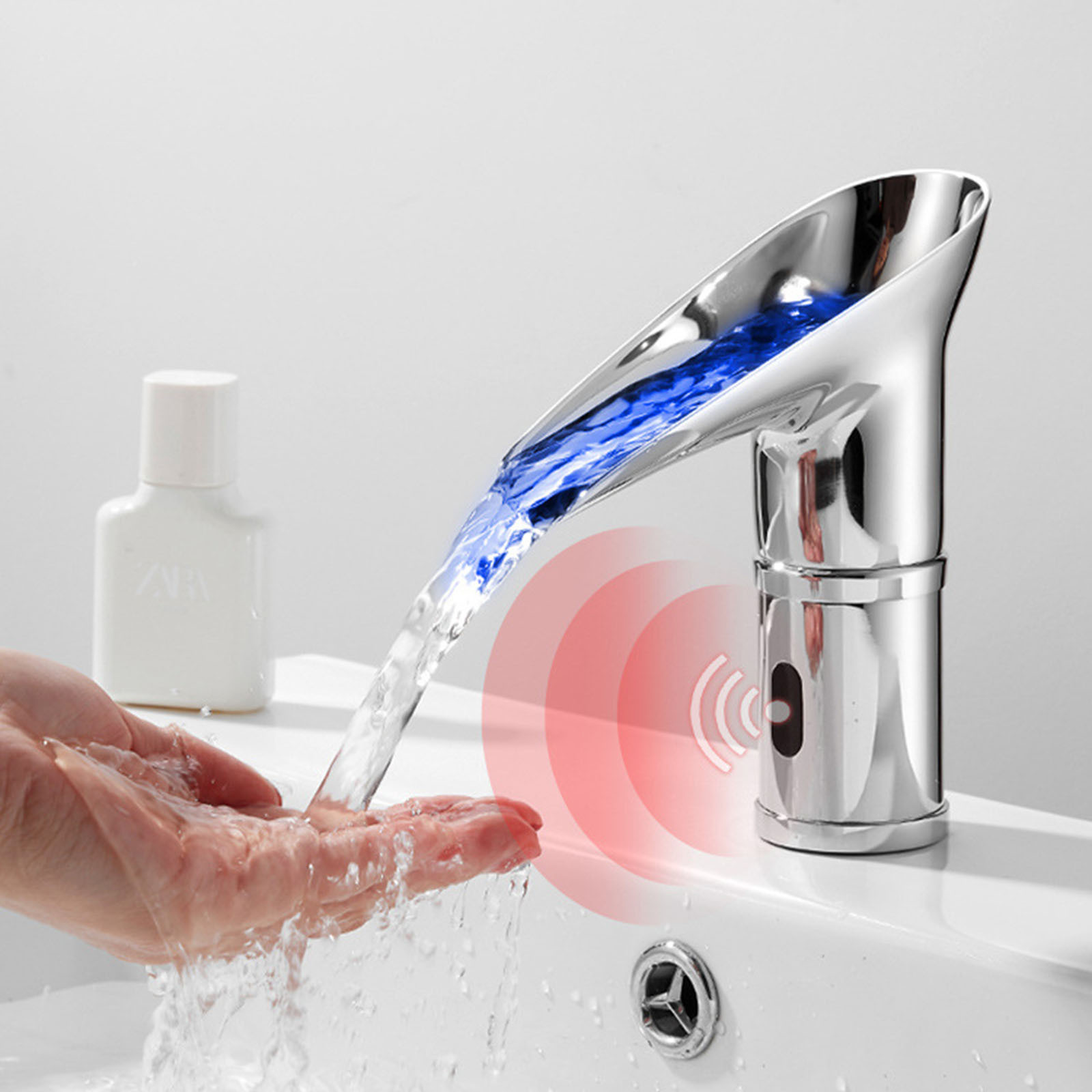 Waterfall Basin Bathroom Automatic Water Saver Tap Smart Faucet Sensor Color Change Light Cold And Hot Water Faucet