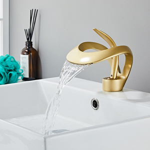 Waterfall Outflow Bathroom Faucet One Single Handle Creative Art Gold Basin Faucets Brass