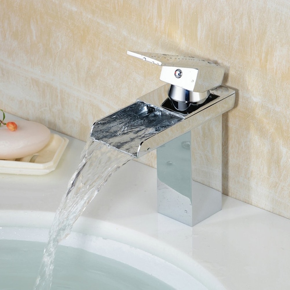 Waterfall Type Chrome Brass Ceramic Sink Tap Waterfall Water Faucet Single Hole Basin Faucet