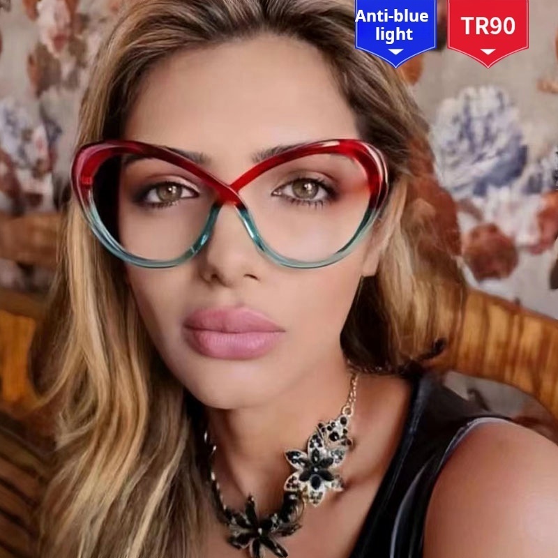 Custom Logo TR90 Anti Blue Light Reading Glasses Cross Big Frame Flat Lens Women Elegant Eyeglasses Frame