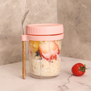 SOPEWOD 12oz Creative Customized Reusable Breakfast Oatmeal Mason Glass Cup Jar with Plastic Sealed Lid And Spoon