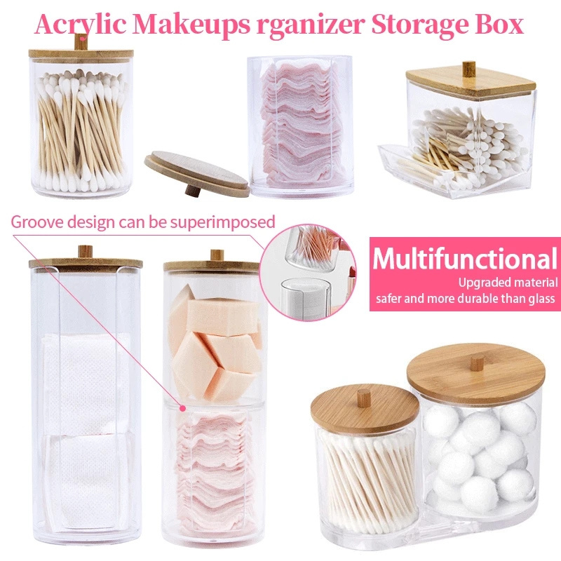 Custom Stackable Makeup Organizer Cotton Pad Storage Box Holder with bamboo lid