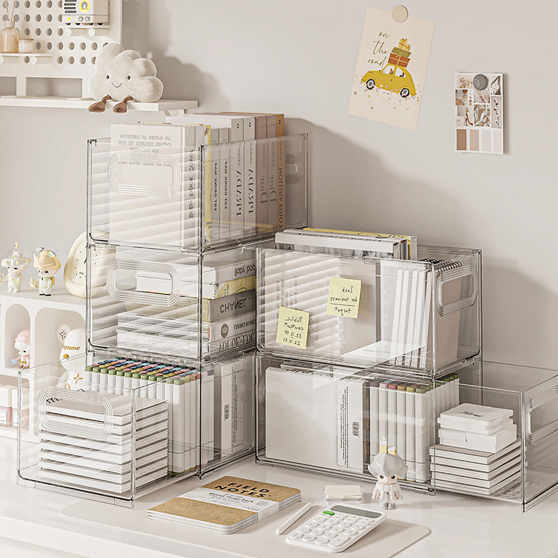 Modern Style Clear Stackable Racks  with Handles Plastic Storage Bins Retractable Books CD Records Snacks And Drinks Storage Box