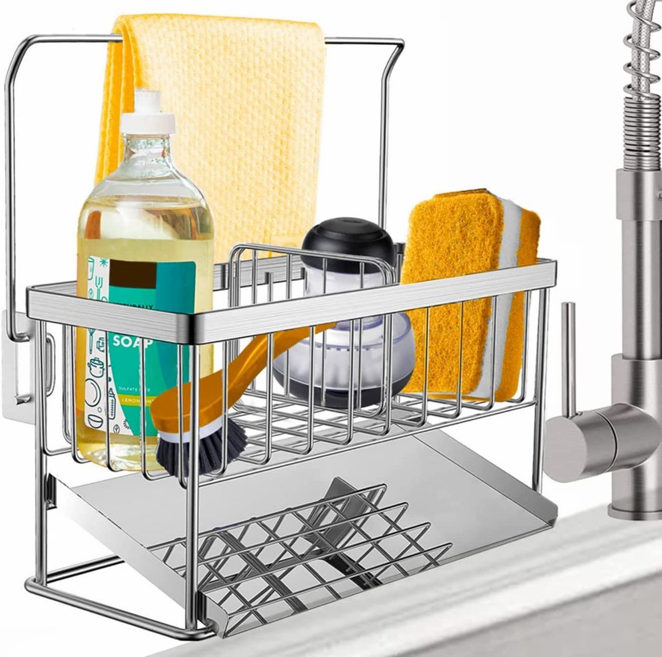 Sponge Holder Kitchen Sink Caddy Organizer, 304 Steel Kitchen Organizer with Auto Drain Tray, Sink Rack for Kitchen