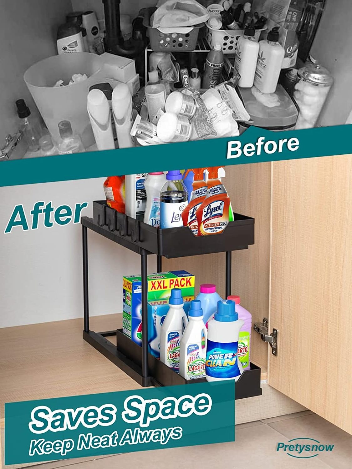 Under Sink Organizer and Storage -Bathroom Cabinet, 2 Tier Slide Pull out Organizer Shelf, Black for Kitchen &