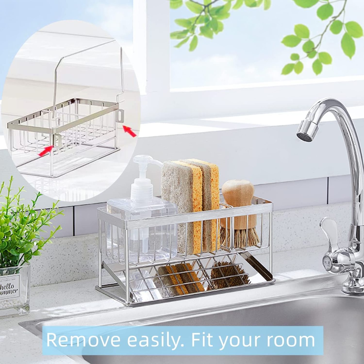 Sponge Holder Kitchen Sink Caddy Organizer, 304 Steel Kitchen Organizer with Auto Drain Tray, Sink Rack for Kitchen