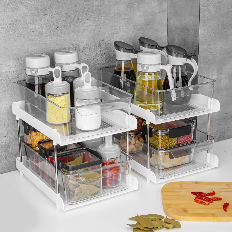 2 Tier Multi-Purpose Bathroom Cabinet Organizer Pull Out Salver Storage Transparent Under Cabinet Storage with Movable Dividers