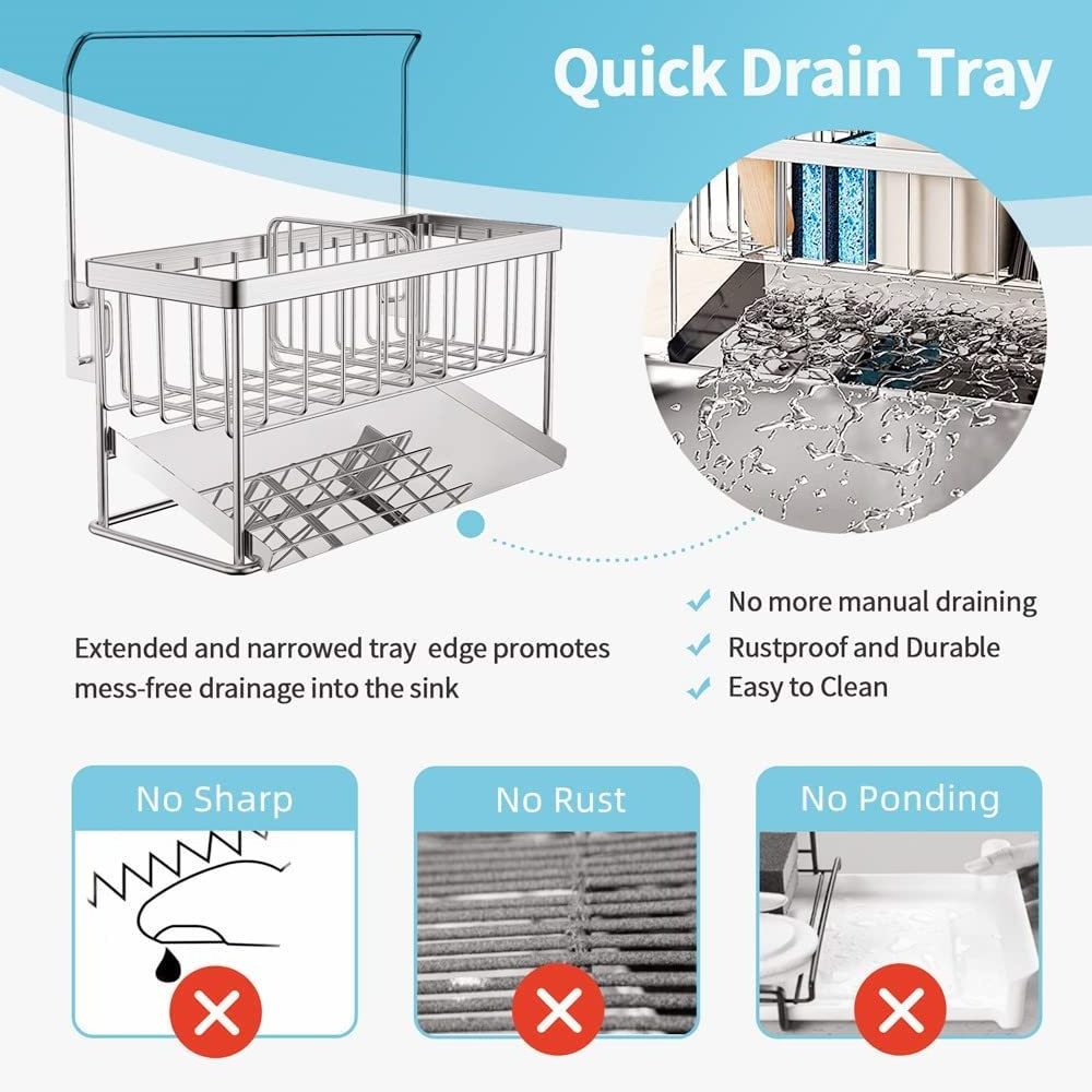 Sponge Holder Kitchen Sink Caddy Organizer, 304 Steel Kitchen Organizer with Auto Drain Tray, Sink Rack for Kitchen