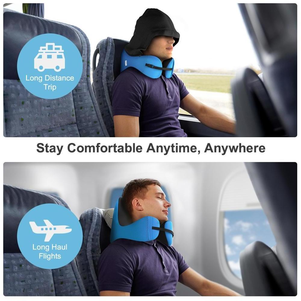 6-in-1 Long Haul Memory Foam Travel Pillow with Detachable Hood Adjustable Travel Neck Pillow Car Nap Rest Cushion