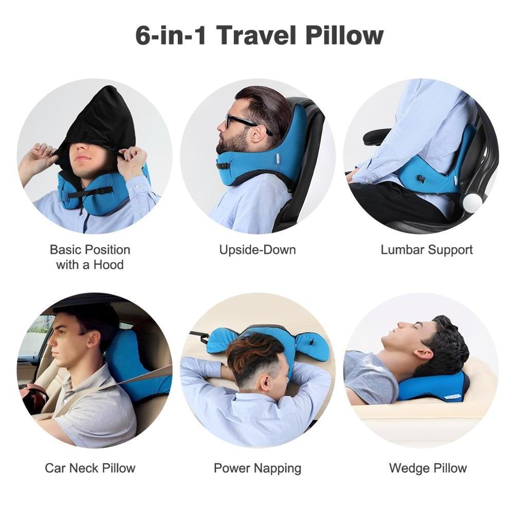 6-in-1 Long Haul Memory Foam Travel Pillow with Detachable Hood Adjustable Travel Neck Pillow Car Nap Rest Cushion