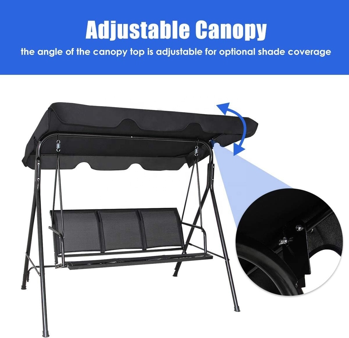 3-Seater Outdoor Adjustable Canopy Swing Chair with Armrests, Patio Glider Bench for Garden, Poolside, Balcony & Backyard