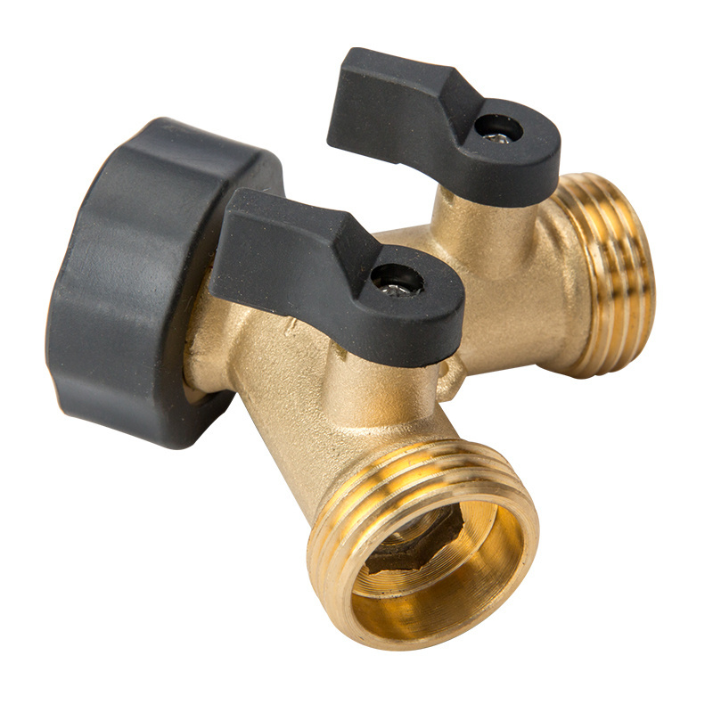 Heavy duty 2 way solid shutoff  brass y hose splitter