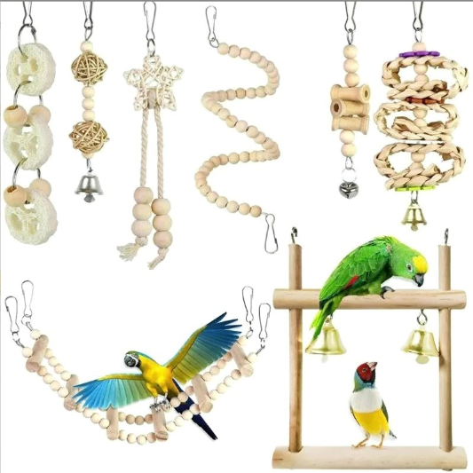 8 Pack Parrot Toy Set Bird Toys Swing Colorful Beads Bells Bird Products Hanging Toys