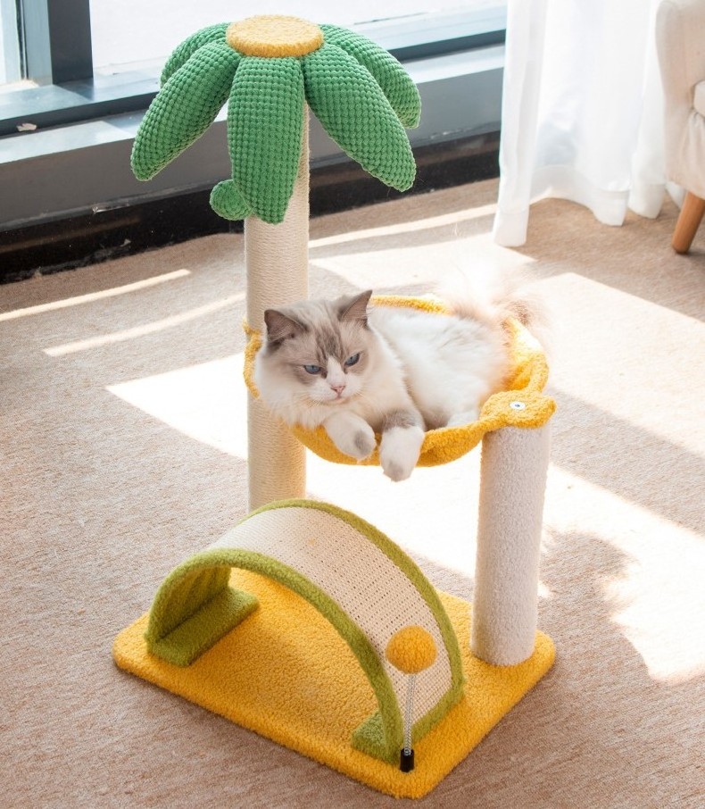 Cute Coconut Tree Shape Cat Tree Cat Scratching Post with Hammock Sisal Arch Bridge Cat Scratcher